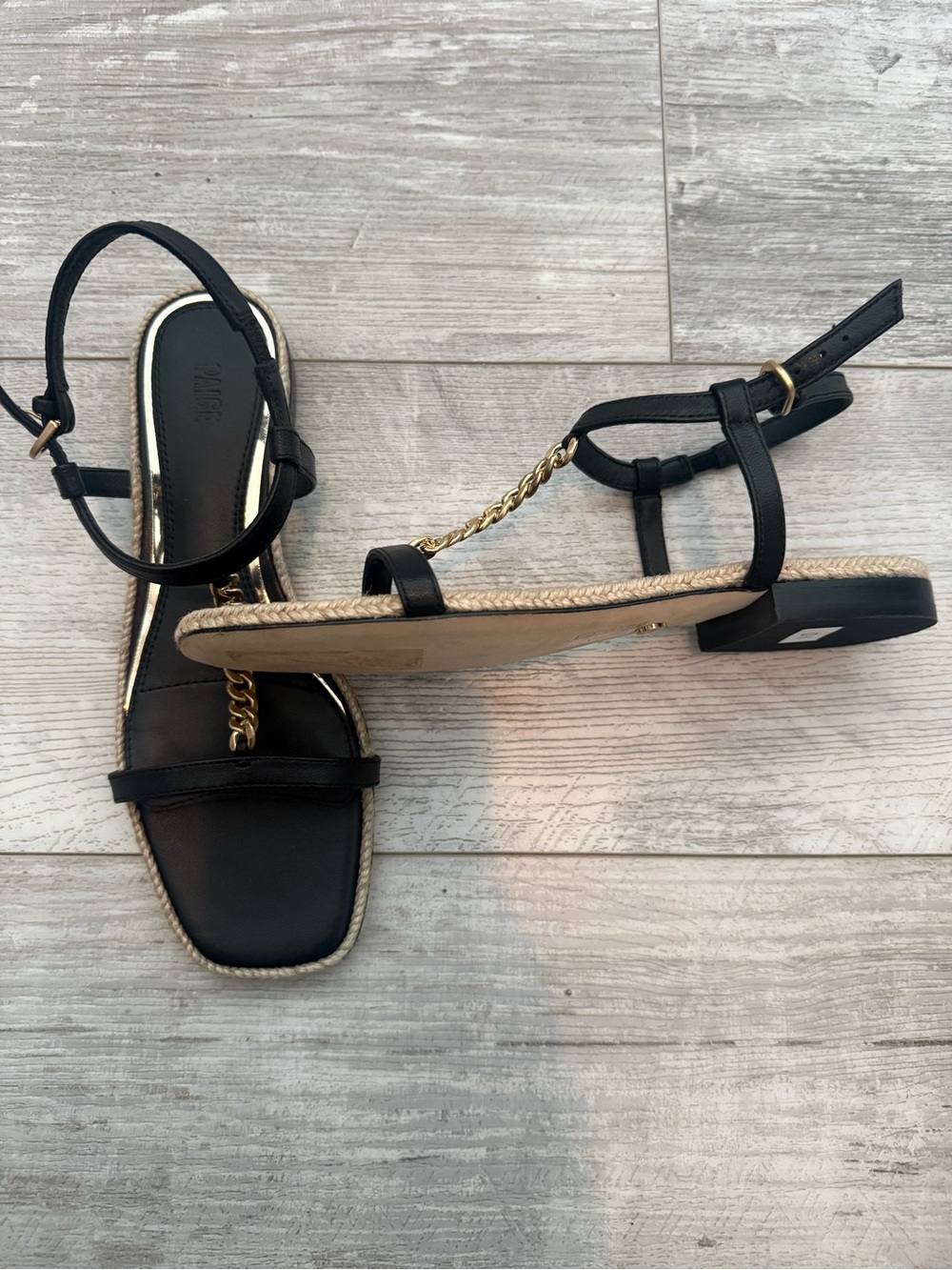 PAIGE Black Leather T-Strap Sandal with Gold Chain Accent - Size 6.5 - Picture 4 of 5